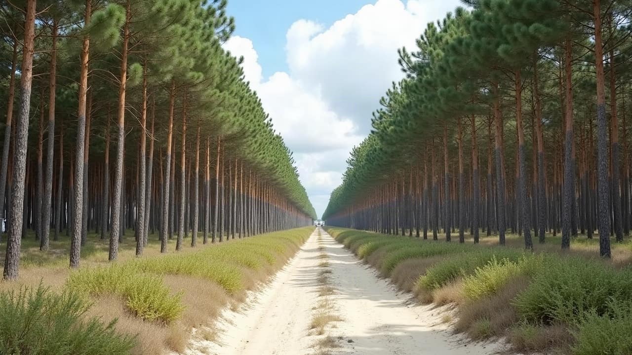 Forêt de pins maritimes plantés en rangs sur le sable blanc des Landes, piste au milieu