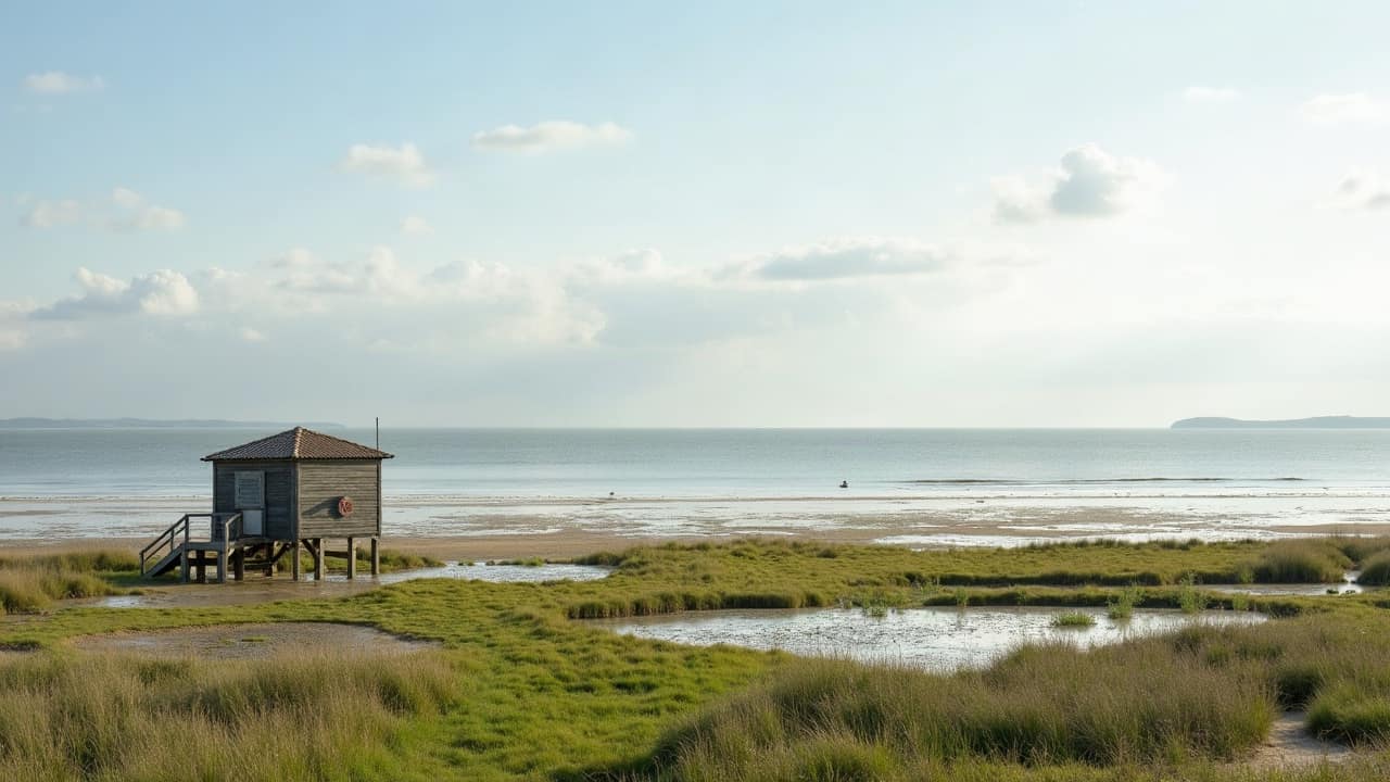 Rive du Médoc au bord de l'estuaire de la Gironde, prairies humides et cabane de pêche